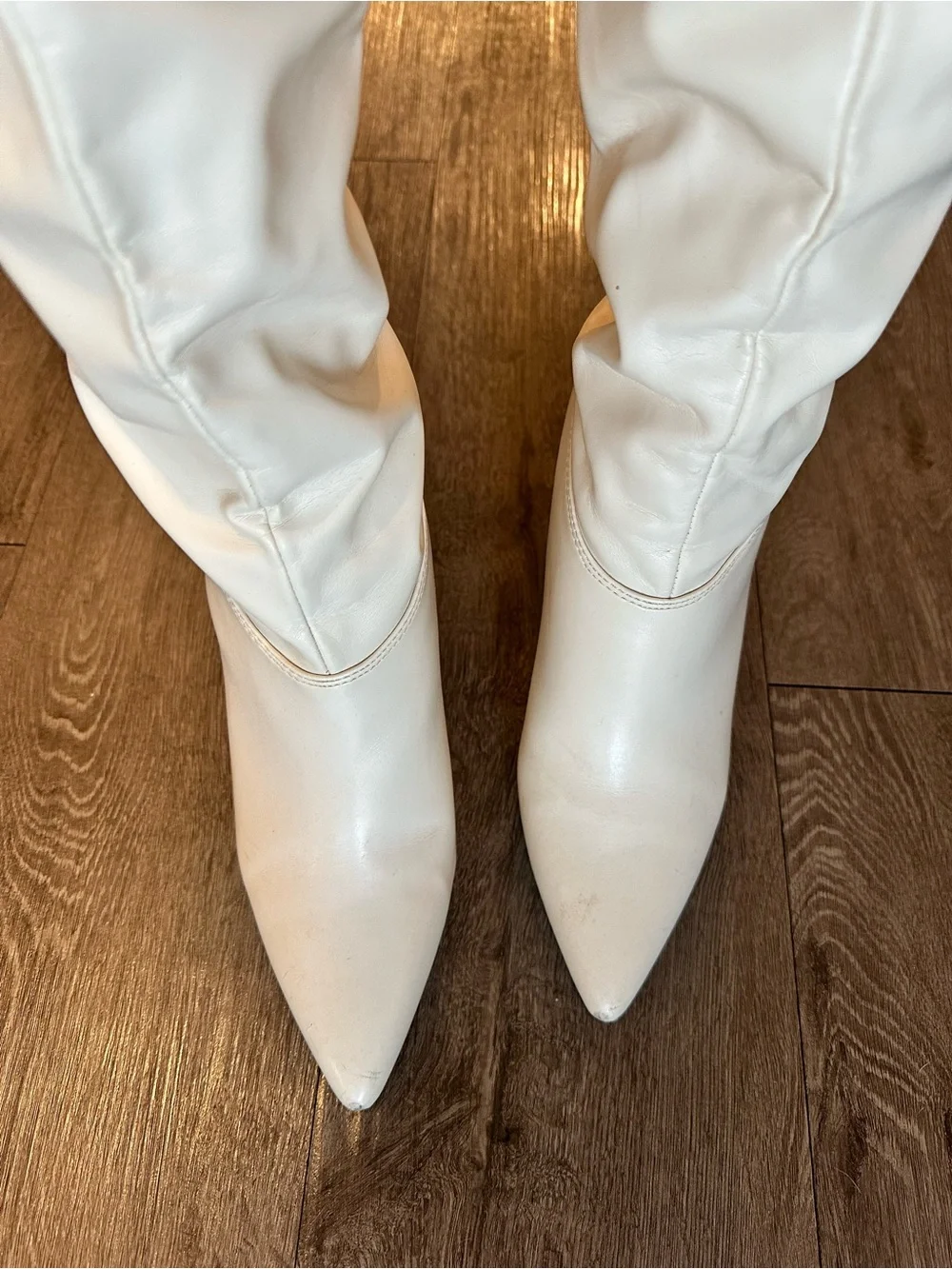 Women's White Knee-High Pointed Toe Block Heel Boots